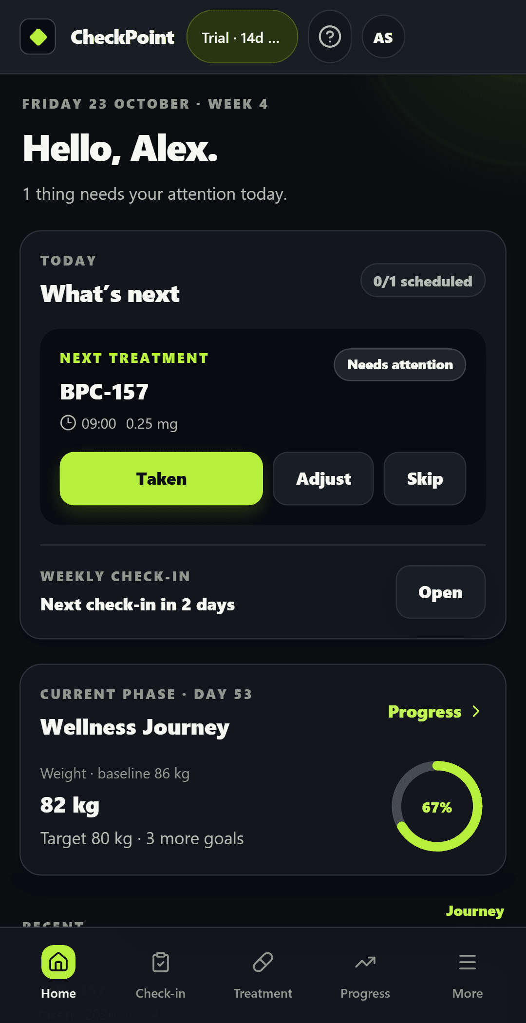 CheckPoint dashboard showing a treatment due today and a personal progress goal ring