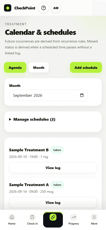 Checkpoint treatment calendar showing recorded schedule history
